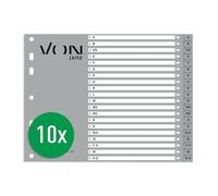 VON Leitz 13030085 Lot de 10 intercalaires de l'alphabet A-Z pour dossiers, format A4, carton PP, demi-hauteur, extra large, onglets universels à 11 trous, gris