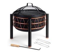 VonHaus Brasero 2-en-1 avec Grille BBQ, Acier Noir avec détail cuivre, Brasero Portable et léger, Tisonnier et Couvercle en Maille Inclus, Bois ou Charbon, Brasero pour Jardin, Terrasse et Extérieur
