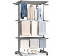Vonia Étendoir à Linge Vertical à Roulettes, Pliable, 3 Niveaux 30 m, Gris | Séchoir à linge tour en aluminium, 72 x 50 x 172 cm au sol, bras latéraux pour cintres, intérieur, balcon et buanderie