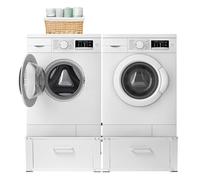 Vonia Meuble Machine à Laver et Sèche Linge, Socle Double Tiroirs, Blanc | Charge 200 kg, 127 x 54 x 31 cm, acier, pieds antidérapants, rangement lessive, buanderie, compatible toutes marques