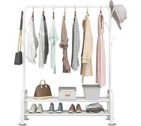 Vonia Portant à Vêtements Penderie Métal, Étagère à Chaussures, Blanc | Barre de 1 m pour 25 cintres, 6 crochets, rangement chaussures 2 niveaux, 102 x 34 x 152 cm, charge 25 kg
