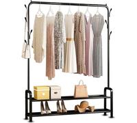 Vonia Portant à Vêtements Penderie Métal, Étagère Chaussures, 152 cm, Noir | Barre de 1 m pour 25 cintres, 6 crochets, rangement chaussures 2 niveaux, 102 x 34 x 152 cm, charge 25 kg
