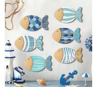 VONJUMA 6 Pièces Décoration Murale Poisson En Bois, Sculpture Murale Style Plage, Décor Vintage Pour Salle De Bain Et Maison, Ornement Mur En Bois De Buis Bleu