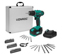 VONROC Perceuse sans fil 20V - 19 réglages + mode perçage - Batterie 4.0Ah, chargeur et 46 accessoires inclus dans une mallette premium