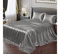 Vonty Parure de lit en satin doux et soyeux, avec 1 drap-housse à bonnet profond + 1 drap plat + 2 taies d’oreiller, gris brume, pour lit double