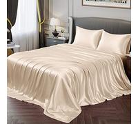 Vonty Parure de lit en satin doux et soyeux, avec 1 drap-housse à bonnet profond + 1 drap plat + 2 taies d’oreiller, beige, pour lit king-size