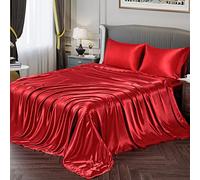 Vonty Parure de lit en Satin Doux et Soyeux pour Grand lit - 1 Drap-Housse à Poche Profonde + 1 Drap Plat + 2 taies d'oreiller