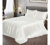 Vonty Parure de lit en Satin Doux et Soyeux pour Grand lit, Blanc Ivoire, 1 Drap-Housse à Poche Profonde + 1 Drap Plat + 2 taies d'oreiller