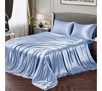 Vonty Parure de lit en Satin Doux et Soyeux pour très Grand lit, Bleu Layette, 1 Drap-Housse à Poche Profonde + 1 Drap Plat + 2 taies d'oreiller