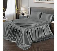 Vonty Parure de lit en Satin - Très Grand lit, en Satin Doux et Soyeux - Gris, 1 Drap-Housse à Poche Profonde + 1 Plat + 2 taies d'oreiller