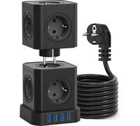 VOOMY 13-in-1 Cube de prises empilables avec USB - 9 prises & 4 USB - Prise multiple avec 2M de câble et interrupteur - Prises multiples avec protection contre les surtensions - 2500W Powercube - Noir