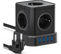 VOOMY 9-in-1 Prise cube avec USB - 5 prises & 4 USB - multiprise avec 2M de câble et interrupteur - multiprise avec protection contre les surtensions - 2500W Powercube - Noir