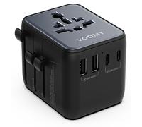 VOOMY Adaptateur de voyage 6 en 1 - Pour 200+ pays - Adaptateur de voyage universel avec 5 ports USB - 3x USB-C & 2x USB-A - Prise mondiale compacte avec fonction de charge USB 28 W - Space Grey/Bleu
