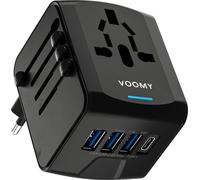 VOOMY Adaptateur de voyage Monde 5 en 1 - Pour 170+ pays - Adaptateur de voyage universel avec 4 ports USB - 1x USB-C et 3x USB-A - Prise mondiale compacte - 2000W - Noir