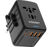 VOOMY Adaptateur de voyage mondial 6-en-1 - Pour 170+ pays - Adaptateur de voyage universel avec 4 ports USB - 3x USB-C 35W et 2x USB-A - Prise mondiale compacte - 2000W - Noir
