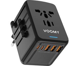 VOOMY Adaptateur de voyage mondial 6-en-1 - Pour 170+ pays - Adaptateur de voyage universel avec 4 ports USB - 3x USB-C 35W et 2x USB-A - Prise mondiale compacte - 2000W - Noir