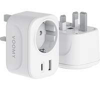 VOOMY Adaptateur de voyage UK - Prise de type G avec USB-C & USB-A - Adaptateur de voyage pour l'Angleterre, l'Irlande, Hong Kong et plus - 3250W - Compact & résistant au feu - Blanc