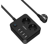 VOOMY Prise multiple 6 en 1 avec USB - 2-fois & 4 USB-A - Prise multiple compacte avec interrupteur - câble de 2M - 4000W - Prise de distribution avec protection contre les surtensions - Noir