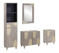 Vorpalize Lot de 4 armoires de salle de bain murales en bois massif de manguier gris avec miroir et boutons en laiton pour une décoration de salle de bain fonctionnelle et élégante