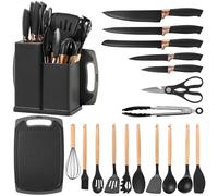Vortix 19 Pièces Kit Ustensiles de Cuisine, Set de Couteaux et Ustensiles de Cuisine, Set de Spatule Silicone avec poignée en bois, Noir