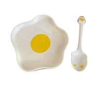 VOSAREA Céramique Assiette à Dessert avec Cuillère, Forme Œuf Poché Beige | Plateau Compact pour Desserts, Usage Fêtes et Traiteur, Léger, Rangement Alimentaire, Beige