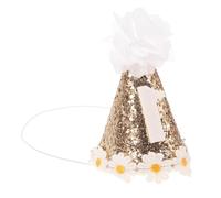 VOSAREA Chapeau Anniversaire Garçon et Filles en Tissu Robuste et Portable, Forme Cône Décoré de Marguerites Dorées Pailletées, Accessoire Photo Unique pour Fête 1er Anniversaire