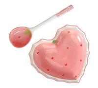 VOSAREA Ensemble Bol et Cuillère en Céramique Forme Cœur et Fraises, Usage Polyvalent pour Céréales et Décoration Maison Rose Kawaii