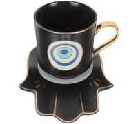 VOSAREA Tasse à Café en Céramique Noire avec Motif Œil Diable, Ensemble 1 Set avec Soucoupe, Design Européen Créatif, pour Cafés et Familles