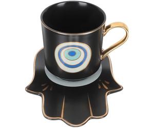 VOSAREA Tasse à Café en Céramique Noire avec Motif Œil Diable, Ensemble 1 Set avec Soucoupe, Design Européen Créatif, pour Cafés et Familles