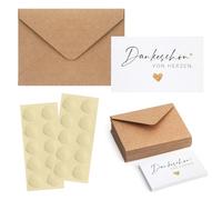 VOSSOT Lot de 20 petites cartes de remerciement, avec enveloppes en papier kraft et sceau doré, 9 x 5,4 cm, mini carte de remerciement, pour anniversaire, mariage, bricolage, cartes de remerciement