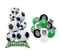 Votvlog Lot de 18 ballons de football + pile de football 4D debout - En latex de 30,5 cm et ballon en aluminium de 150 cm - Vert, blanc, noir - Pour décoration de football, fête d'anniversaire et fête