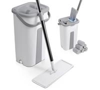 VOUNOT® Balai Microfibre et Seau Essoreur avec 6 Serpillères Réutilisables Balai Plat Seau Auto Lavage Double Compartiment Humide et Sec Manche INOX Rotatif 360° Tous Type de Sol Blanc