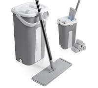 VOUNOT® Balai plat microfibre avec seau essoreur auto-lavage double compartiment - 6 serpillères réutilisables - gris