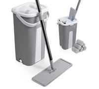 VOUNOT® Balai plat microfibre avec seau essoreur auto-lavage double compartiment - 6 serpillères réutilisables - gris