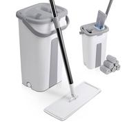 VOUNOT® Balai plat microfibre avec seau essoreur auto-lavage double compartiment - 6 serpillères réutilisables - blanc