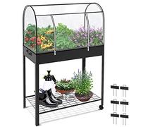 VOUNOT® Carré Potager sur Pieds Amovible avec Bâche en PVC Roues Intégrés Mini Serre 6 Compartiments avec Espace de Rangement d’Outils et 6 Etiquettes de Plantes 80.5x130x43cm