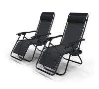 VOUNOT® Lot de 2 Chaise longue inclinable pliable en Textilène avec support de gobelet - charge Max 120kg - Noir