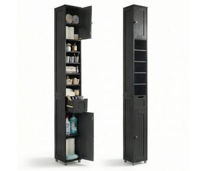 VOUNOT® Colonne de salle de bain 20x20x180cm - Meuble rangement avec étagères réglable, tiroir et armoires à portes - MDF - Noir