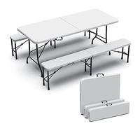 vounot® Ensemble Table Pliante et Bancs HDPE Pliables Camping 180cm Style Polyrotin 8 Places Fonction Portable Convient pour la Terrasse, Le Camping, Le Jardin, Table de Pique-Nique Blanc