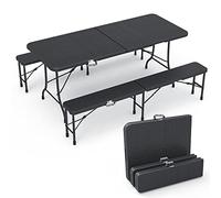 Ensemble de mobilier de brasserie pliable VOUNOT® 3 pièces, comprenant 1 table et 2 bancs, ensemble de mobilier de fête d'appoint aspect rotin, mobilier de jardin, ensemble de camping, noir