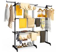 vounot® Étendoir à Linge Extensible à 4 Niveaux 190x64x170cm Séchoir Vertical Pliable Grande Capacité avec roulettes Ailes latérales Multifonction pour Intérieur et Extérieur Noir Gris