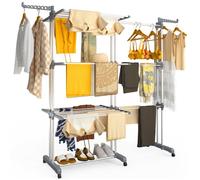 VOUNOT® Étendoir à linge extensible pliable 190x64x170cm, Séchoir 4 niveaux grande capacité avec roulettes, Gris et Blanc