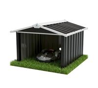 VOUNOT® Garage pour Robot Tondeuse en Métal 87x100x63.5 cm Noir | Toit à Double Pente, Passage de Câble, Bords Protégés, Protection contre les Intempéries, Fixation au Sol avec Piquets