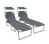 vounot® Lot de 2 Chaise Longue Bain de Soleil avec Pare Soleil Transat Pliable avec Parasol Bain de Soleil Inclinable en Polyester Charge Max 120KG Chaise Longue Réglable Gris