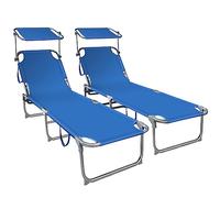 vounot® Lot de 2 Chaise Longue Bain de Soleil avec Pare Soleil Transat Pliable avec Parasol Bain de Soleil Inclinable en Polyester Charge Max 120KG Chaise Longue Réglable Bleu