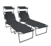vounot® Lot de 2 Chaise Longue Bain de Soleil avec Pare Soleil Transat Pliable avec Parasol Bain de Soleil Inclinable en Polyester Charge Max 120KG Chaise Longue Réglable Noir