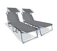 vounot® Lot de 2 Chaise Longue Bain de Soleil avec Pare Soleil | Transat Pliable avec Parasol | Bain De Soleil inclinable en Polyester | Charge Max 110KG | Chaise Longue réglable Gris