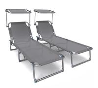 vounot® Lot de 2 Chaise Longue Bain de Soleil avec Pare Soleil Transat Pliable en Textilène avec Parasol Bain De Soleil inclinable en Textilène avec Charge Max 110KG Chaise Longue réglable Gris