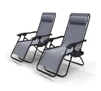 vounot® Lot de 2 Chaise Longue inclinable avec Support de Gobelet Amovible Chaise de Jardin Pliable en Textilène Chaise Longue avec Rembourrage de Tête Amovible Charge Max 120KG Gris
