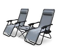 VOUNOT® Lot de 2 Chaise longue inclinable avec table pliable en Textilène avec support de gobelet - charge Max 120kg - Gris